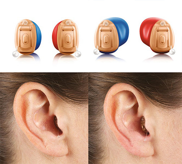 In-the-canal (ITC) hearing aids – compact devices partially visible in the ear canal